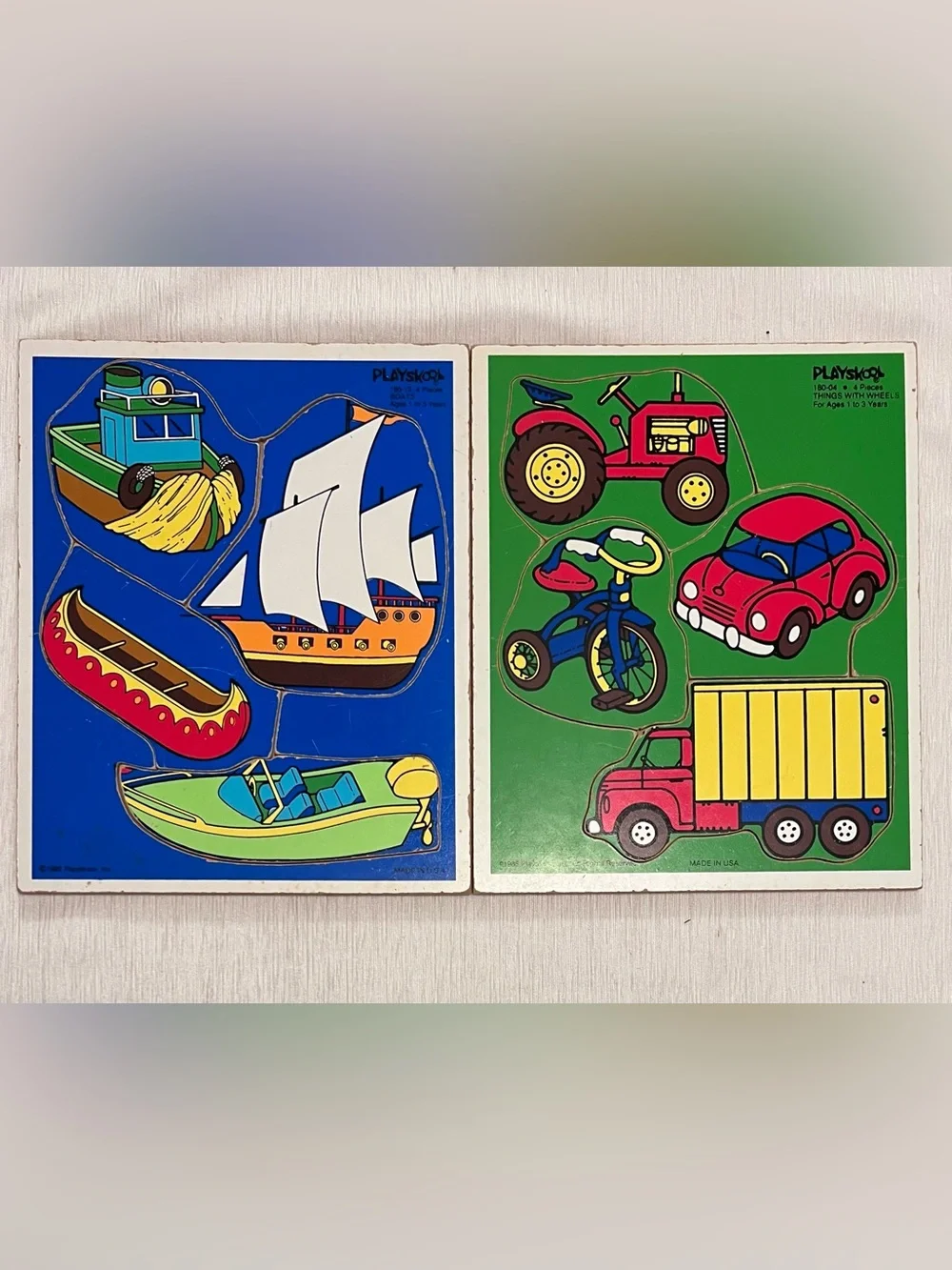 VTG 1985 Playskool 4-Piece Wooden Puzzle Set of 2 Things With Wheels & Boats